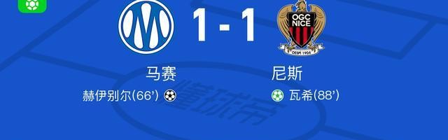 马赛1-1尼斯，赫伊别尔首开记录，瓦希扳平比分