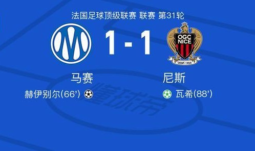 马赛1-1尼斯，赫伊别尔首开记录，瓦希扳平比分